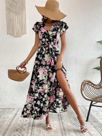 Vestido Feminino Maxi Com Decote Em V Manga Curta Casual Estampa Floral Fenda Alta Até O Chão