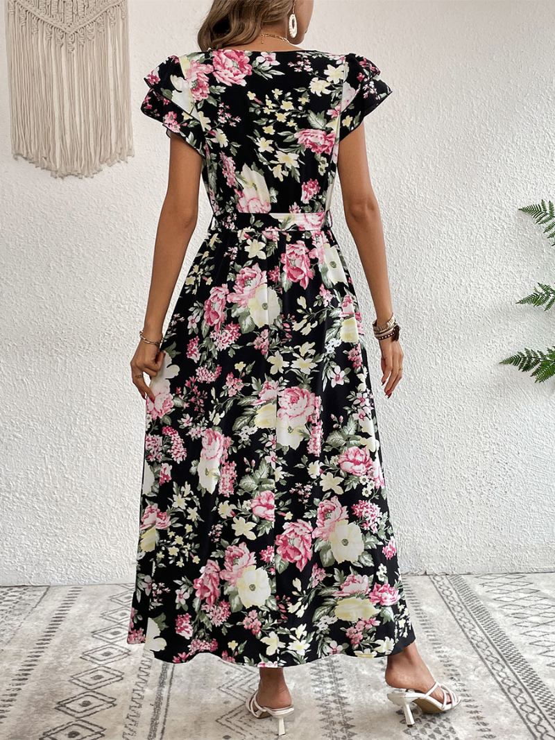 Vestido Feminino Maxi Com Decote Em V Manga Curta Casual Estampa Floral Fenda Alta Até O Chão - Preto