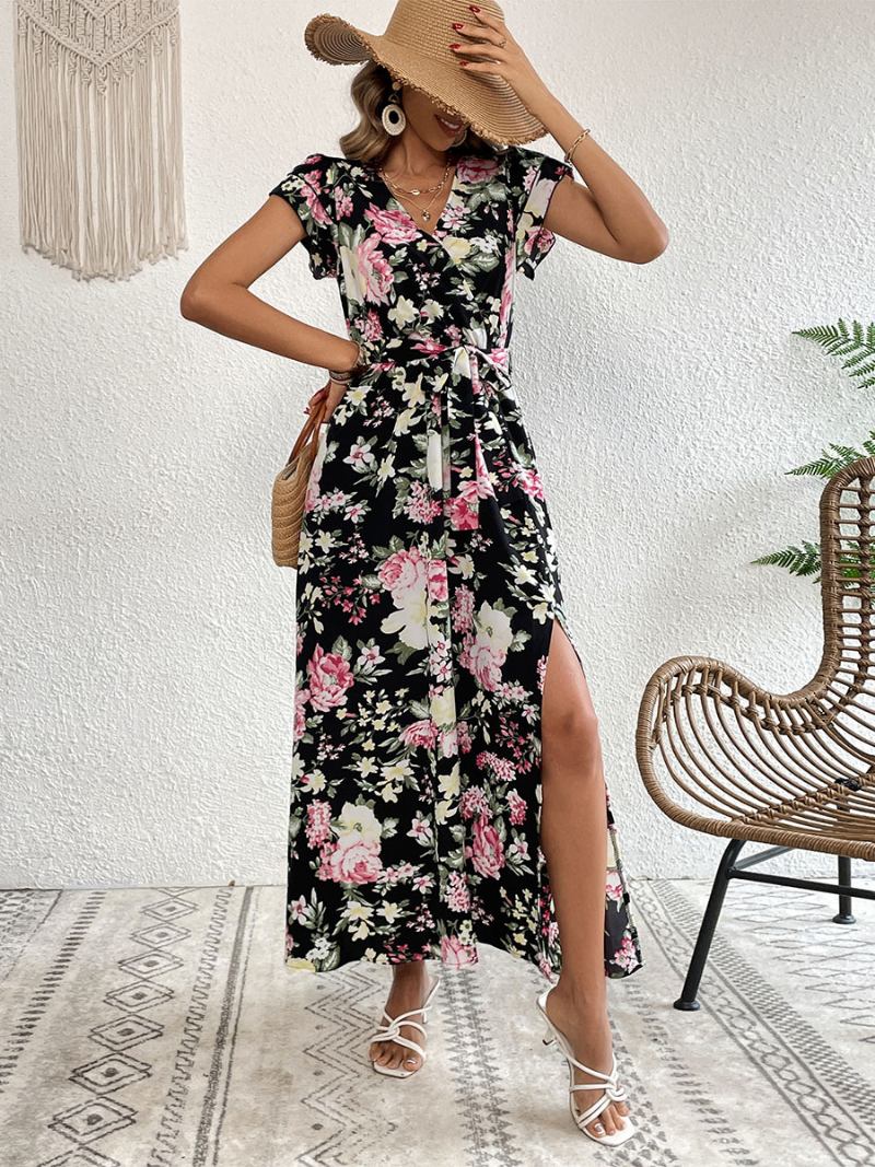 Vestido Feminino Maxi Com Decote Em V Manga Curta Casual Estampa Floral Fenda Alta Até O Chão - Preto