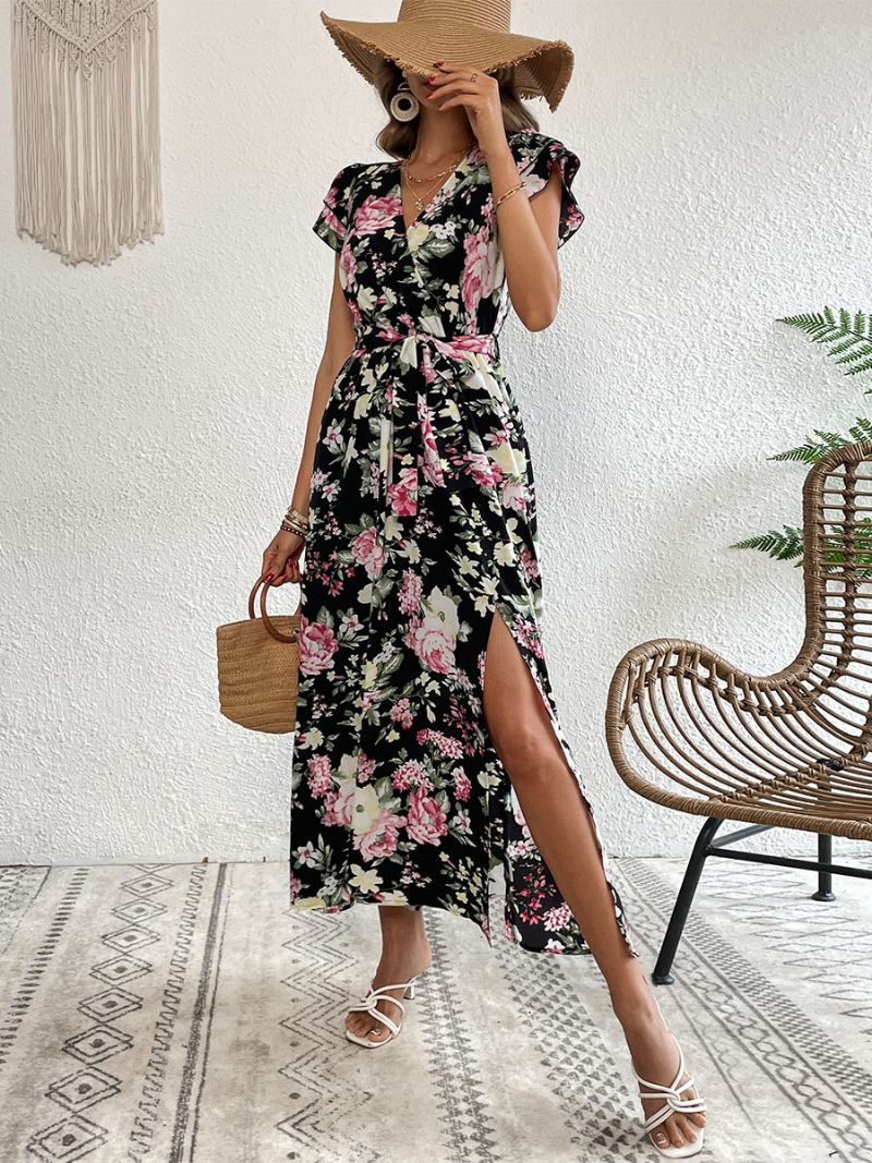 Vestido Feminino Maxi Com Decote Em V Manga Curta Casual Estampa Floral Fenda Alta Até O Chão - Preto