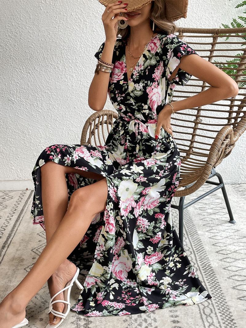 Vestido Feminino Maxi Com Decote Em V Manga Curta Casual Estampa Floral Fenda Alta Até O Chão - Preto