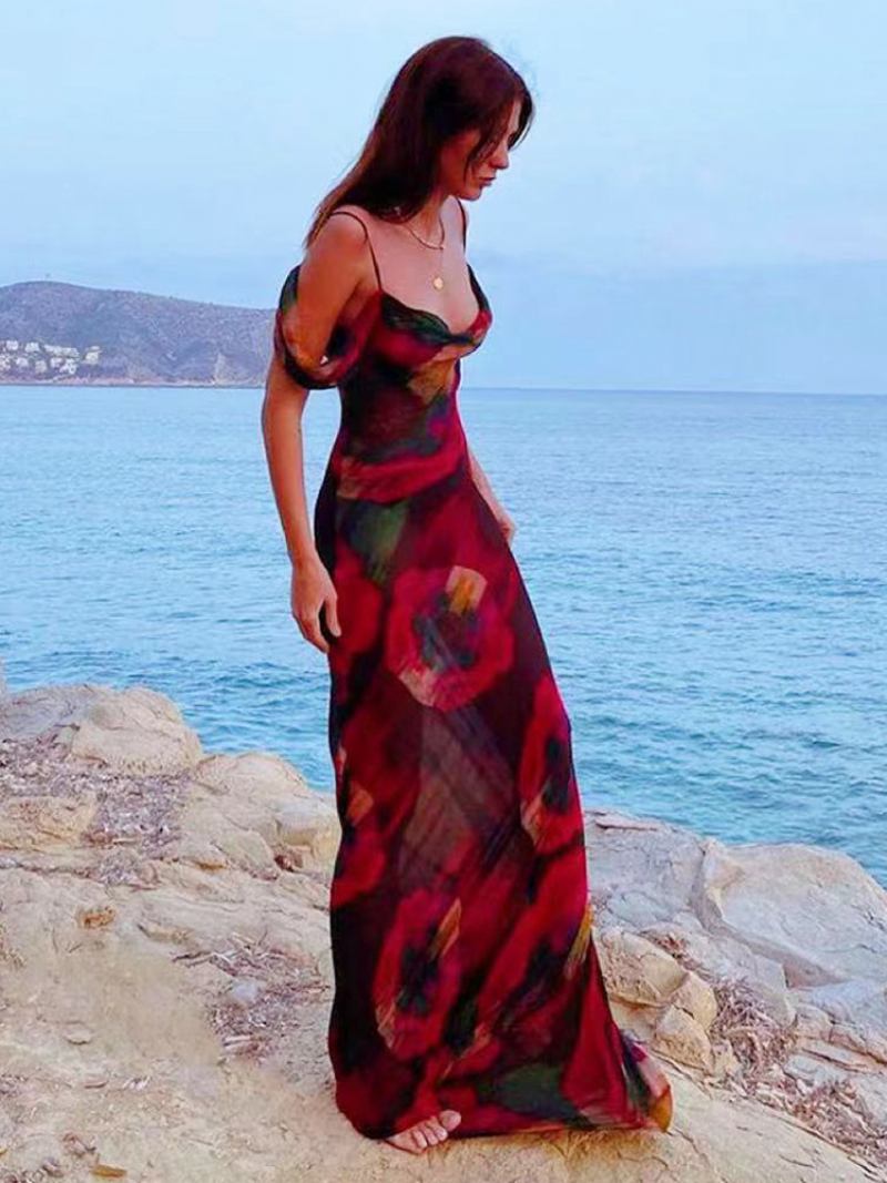 Vestido Feminino Pintado Com Alças Finas Ombro Frio Inspirado Na Arte Vestidos Maxi Verão - Vermelho