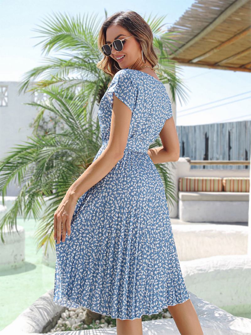 Vestido Feminino Verão Azul Céu Claro Com Estampa Floral Praia -  Azul Céu Claro 