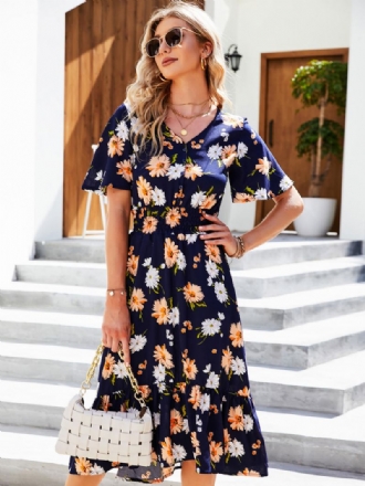 Vestido Feminino Verão Azul Céu Claro Com Estampa Floral Praia