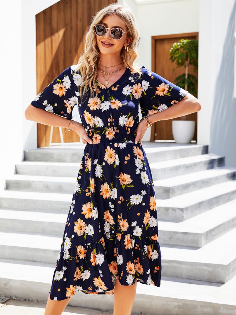 Vestido Feminino Verão Azul Céu Claro Com Estampa Floral Praia - Marinho Escuro