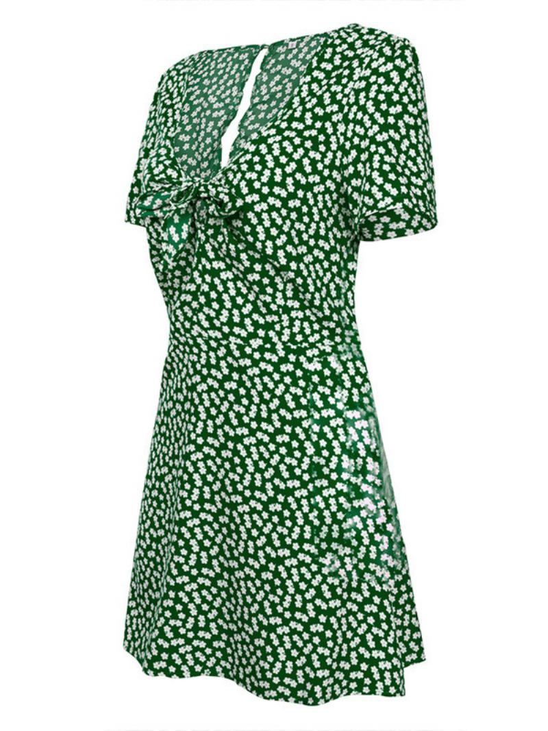 Vestido Feminino Verão Com Decote Em V Ditsy Floral Estampado Curto Praia - Verde