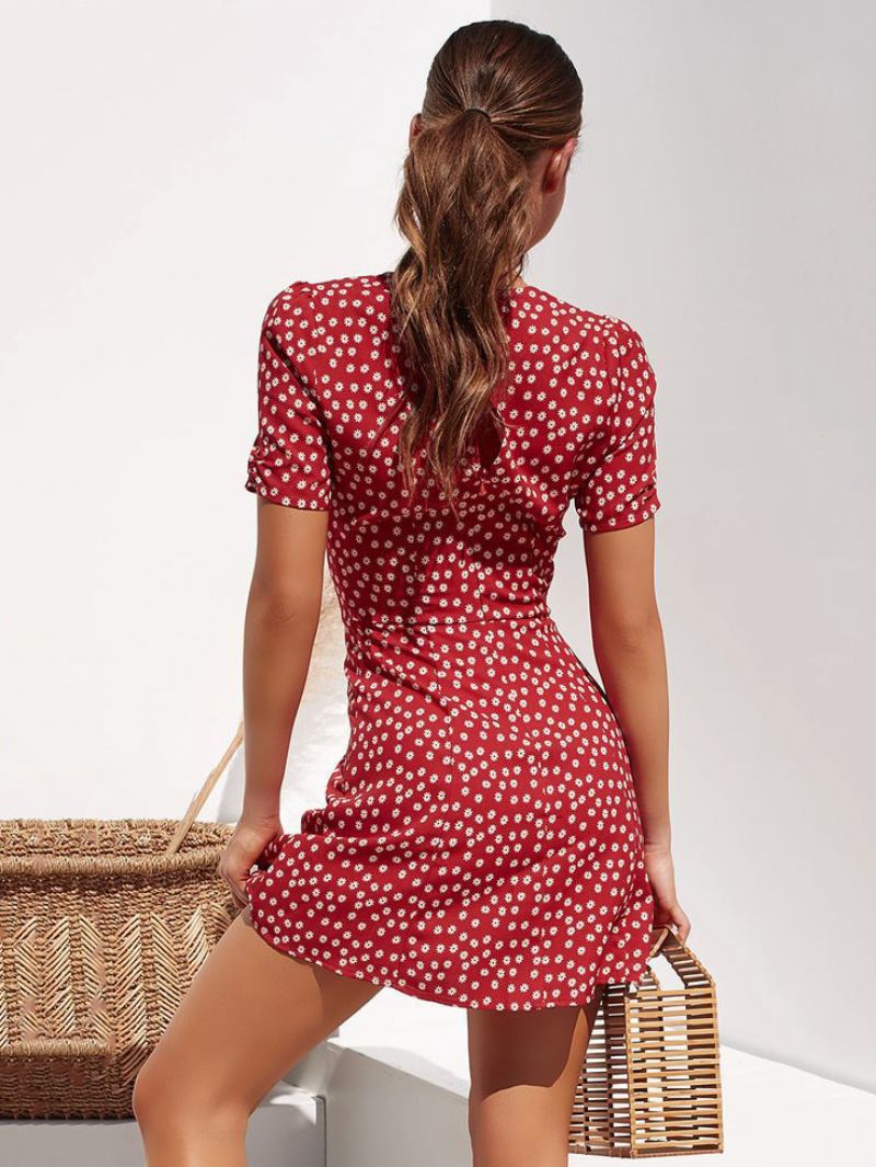 Vestido Feminino Verão Com Decote Em V Ditsy Floral Estampado Curto Praia - Vermelho