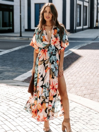 Vestido Feminino Verão Com Decote Em V Estampa Floral Azul Longo Praia