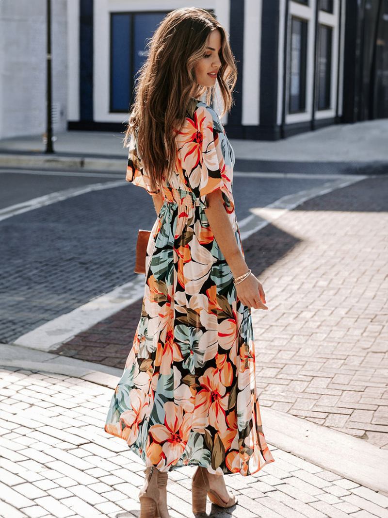 Vestido Feminino Verão Com Decote Em V Estampa Floral Azul Longo Praia - Azul