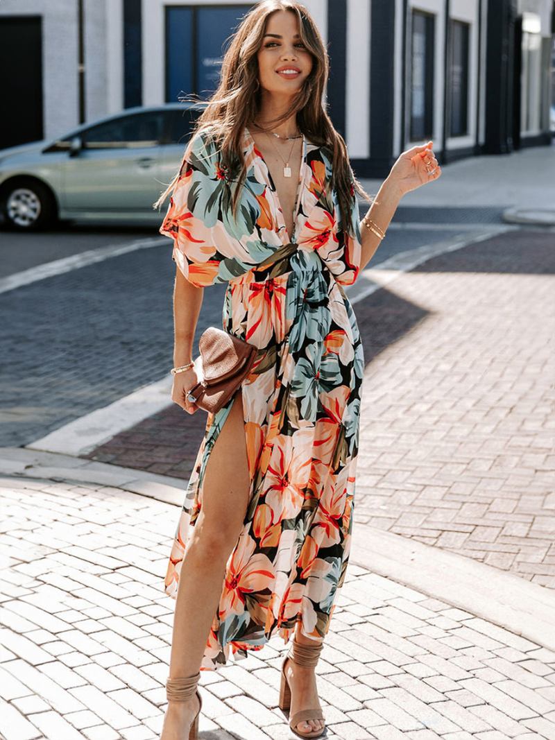 Vestido Feminino Verão Com Decote Em V Estampa Floral Azul Longo Praia - Azul