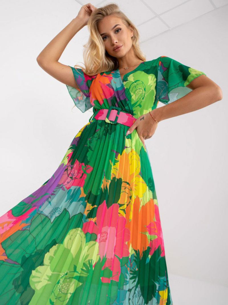 Vestido Feminino Verão Com Decote Em V Estampa Floral Faixa Verde Praia Médio - Verde