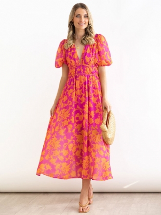 Vestido Feminino Verão Com Decote Em V Estampa Floral Rosa Longo Praia