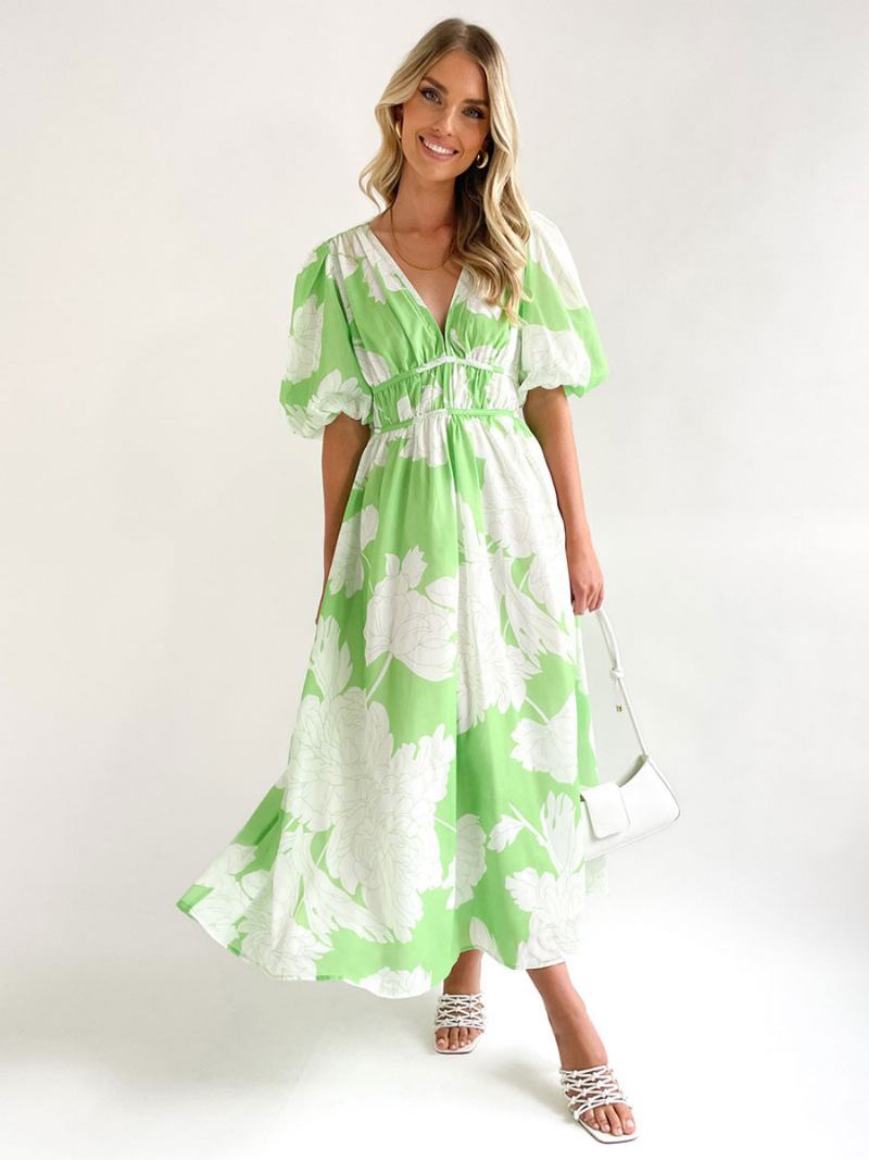 Vestido Feminino Verão Com Decote Em V Estampa Floral Rosa Longo Praia - Verde Claro