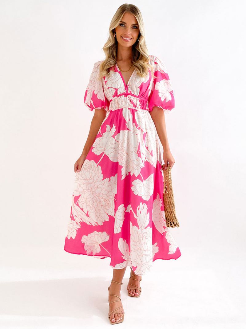 Vestido Feminino Verão Com Decote Em V Estampa Floral Rosa Longo Praia - Rosa