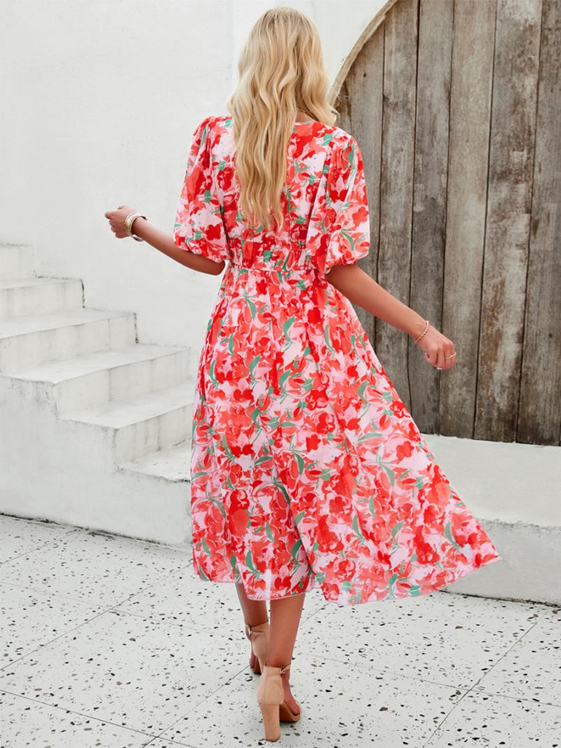 Vestido Feminino Verão Com Estampa Floral E Decote Em V Vestidos Midi Boêmios - Vermelho