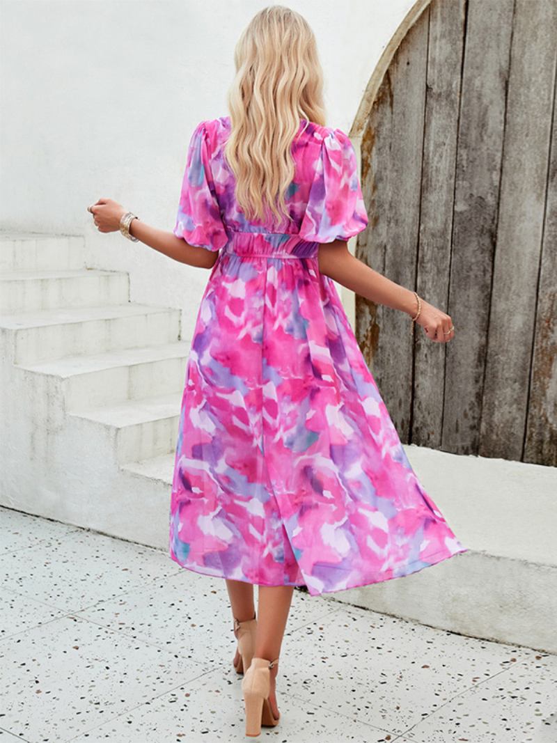 Vestido Feminino Verão Com Estampa Floral E Decote Em V Vestidos Midi Boêmios - Rosa