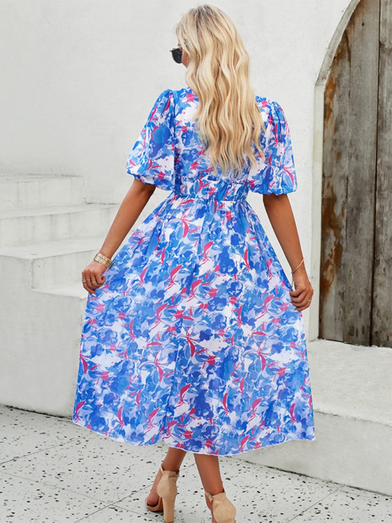 Vestido Feminino Verão Com Estampa Floral E Decote Em V Vestidos Midi Boêmios - Azul