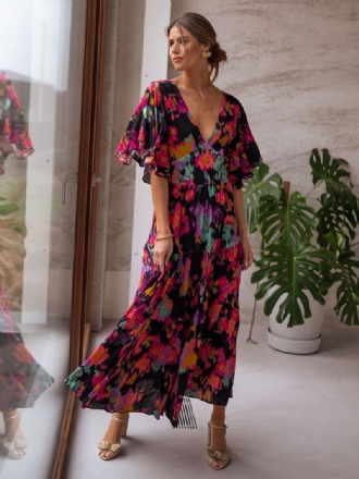 Vestido Feminino Verão Para Aniversário Preto Decote Em V Babados Estampado Praia