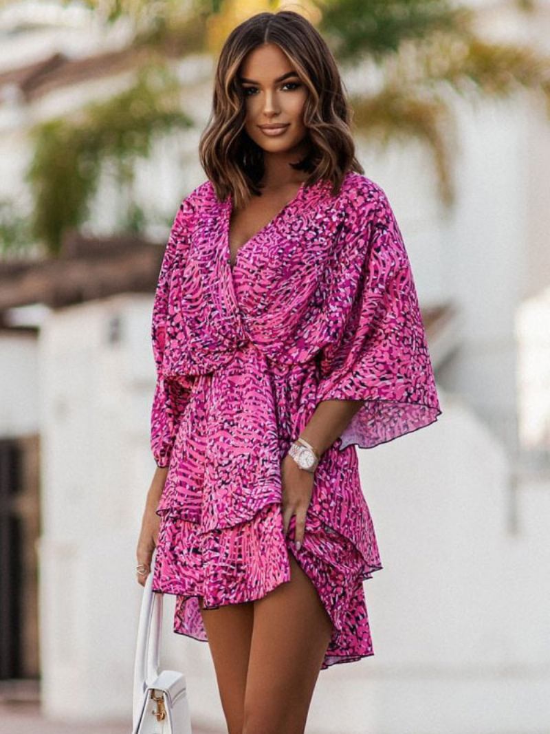 Vestido Feminino Verão Praia Rosa Com Decote Em V - Roxo