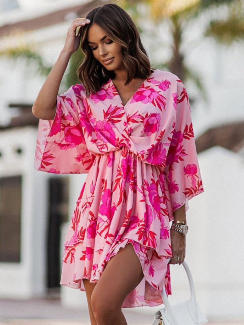 Vestido Feminino Verão Praia Rosa Com Decote Em V - Vermelho