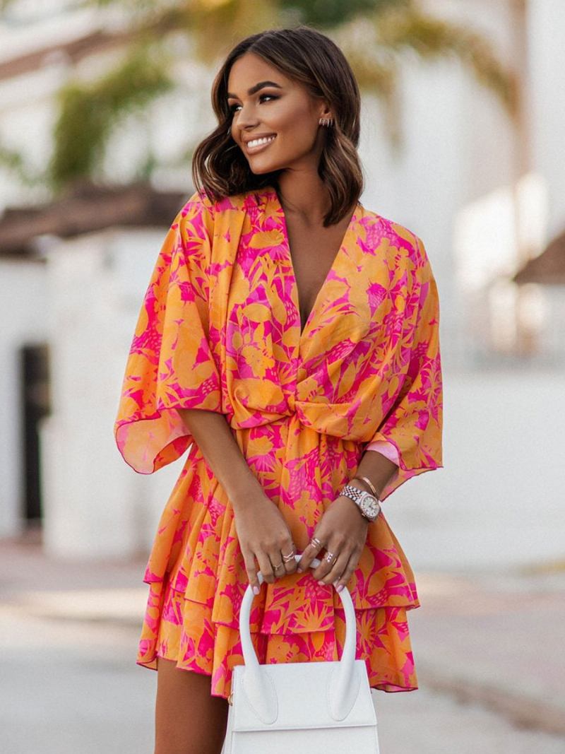 Vestido Feminino Verão Praia Rosa Com Decote Em V - Laranja