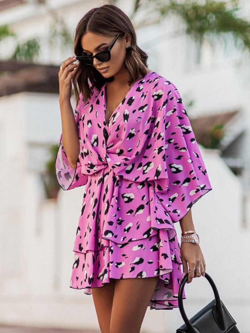 Vestido Feminino Verão Praia Rosa Com Decote Em V - Rosa