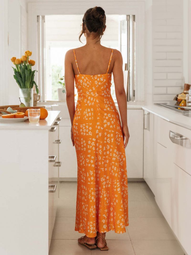 Vestido Floral Feminino Alças Finas Ajustáveis Sem Costas Vestidos Maxi Verão - Laranja 