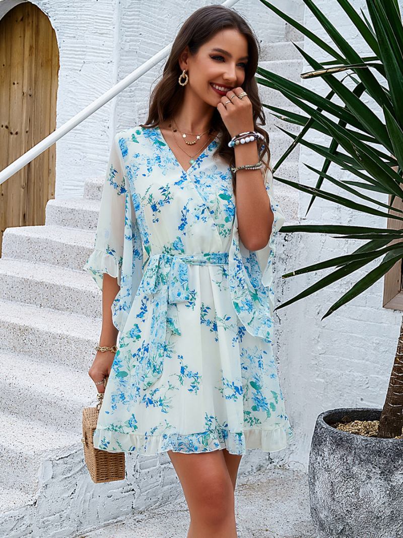 Vestido Floral Feminino Com Decote Em V Cinto Diário Casual Vestidos Midi Para Primavera Verão