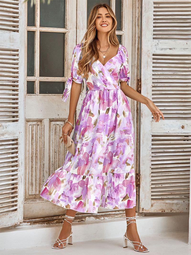 Vestido Floral Feminino Com Decote Em V Manga Curta Midi Casual Estampado