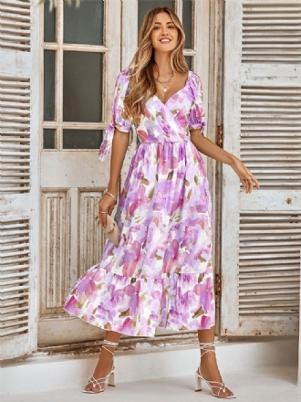 Vestido Floral Feminino Com Decote Em V Manga Curta Midi Casual Estampado