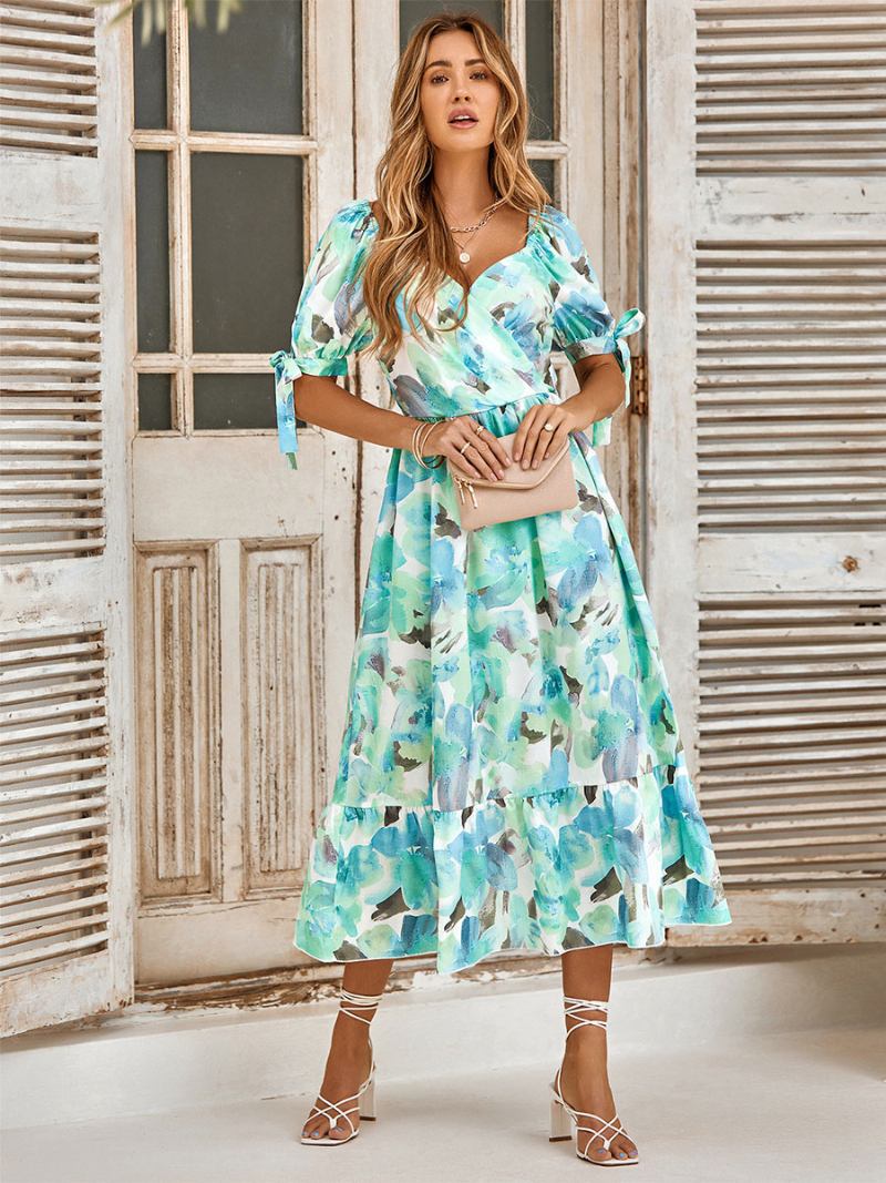 Vestido Floral Feminino Com Decote Em V Manga Curta Midi Casual Estampado - Verde