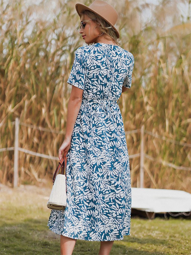 Vestido Floral Feminino Estampado Faixa Com Decote Em V Mangas Curtas Vestidos Midi Chiques Primavera - Azul Céu Claro