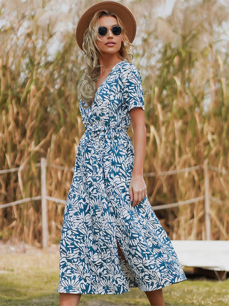 Vestido Floral Feminino Estampado Faixa Com Decote Em V Mangas Curtas Vestidos Midi Chiques Primavera - Azul Céu Claro