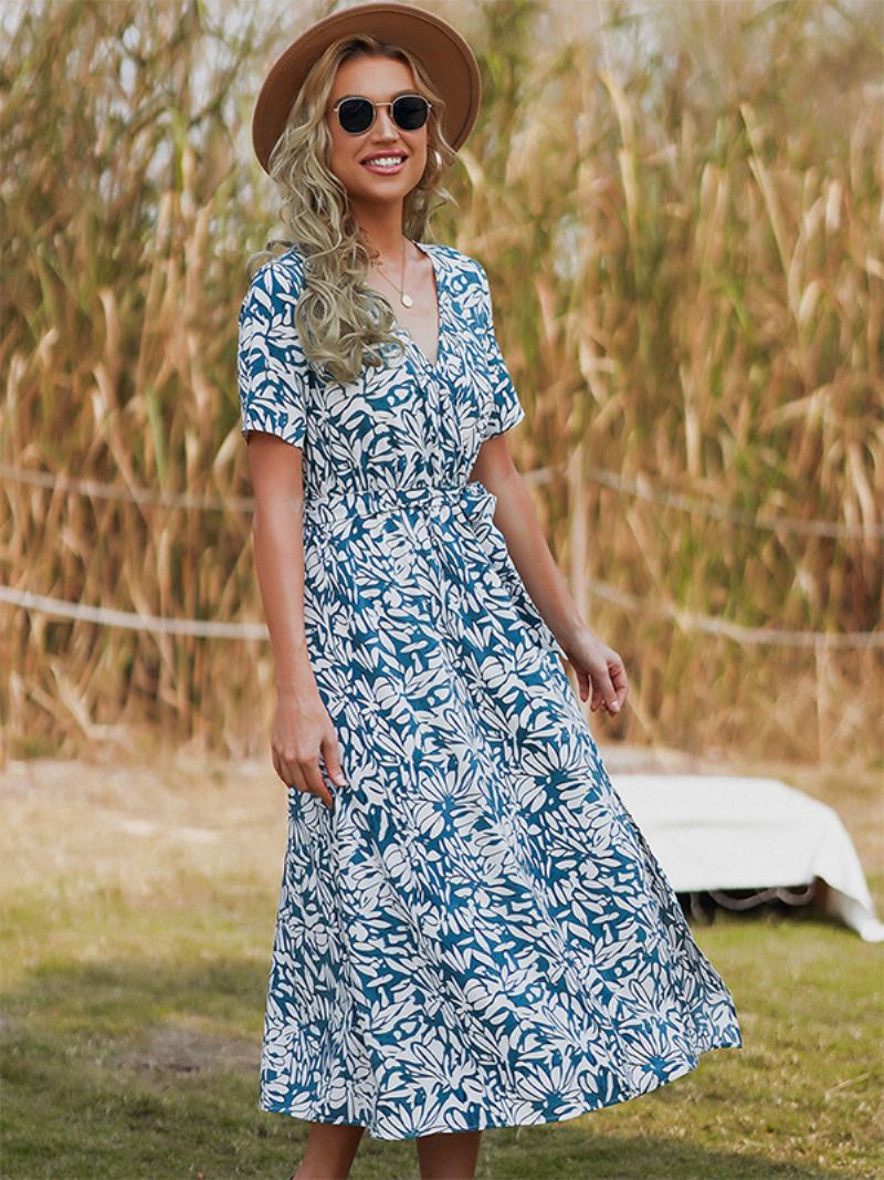 Vestido Floral Feminino Estampado Faixa Com Decote Em V Mangas Curtas Vestidos Midi Chiques Primavera - Azul Céu Claro