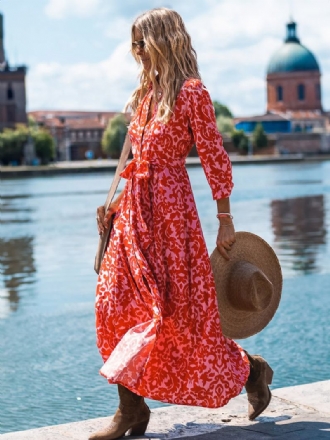 Vestido Floral Feminino Manga Comprida Decote Em V Casual Outono Vestidos Longos