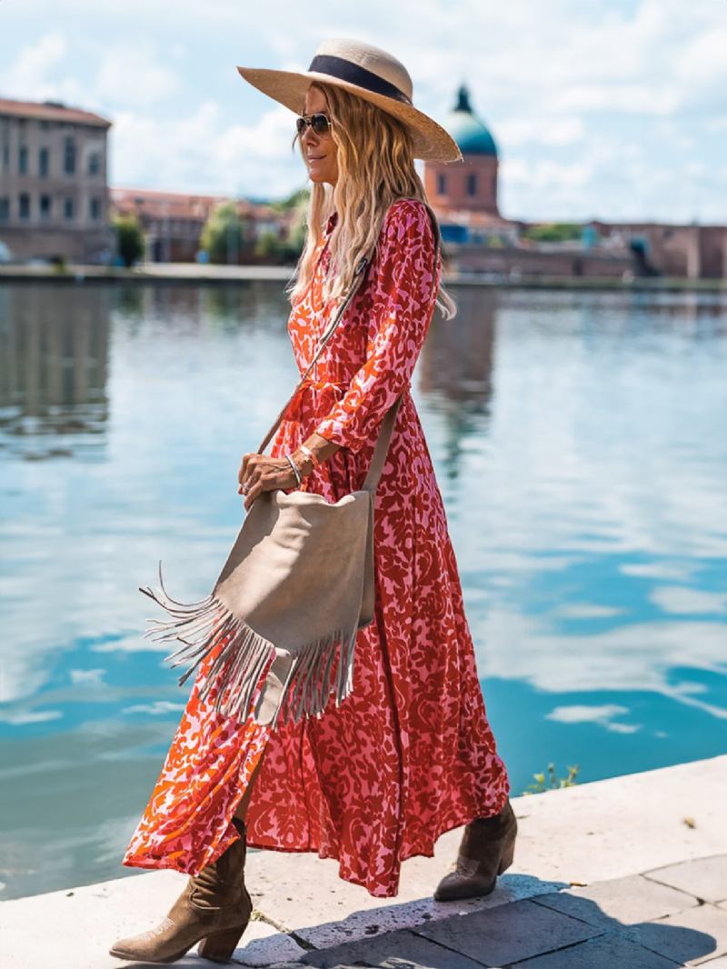 Vestido Floral Feminino Manga Comprida Decote Em V Casual Outono Vestidos Longos - Vermelho