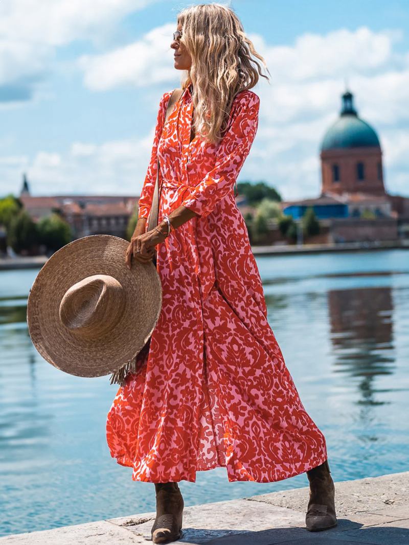 Vestido Floral Feminino Manga Comprida Decote Em V Casual Outono Vestidos Longos - Vermelho