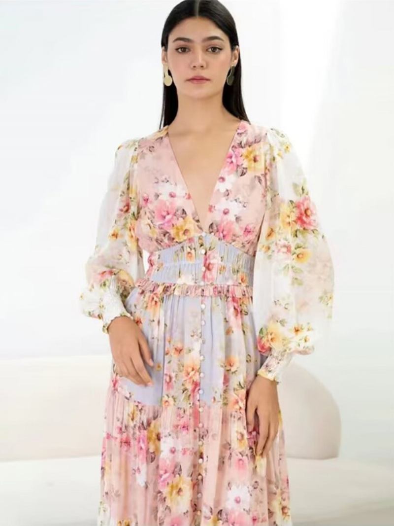 Vestido Floral Feminino Mangas Compridas Com Decote Em V Botões Camadas Sexy Vestidos Maxi Verão - Rosa