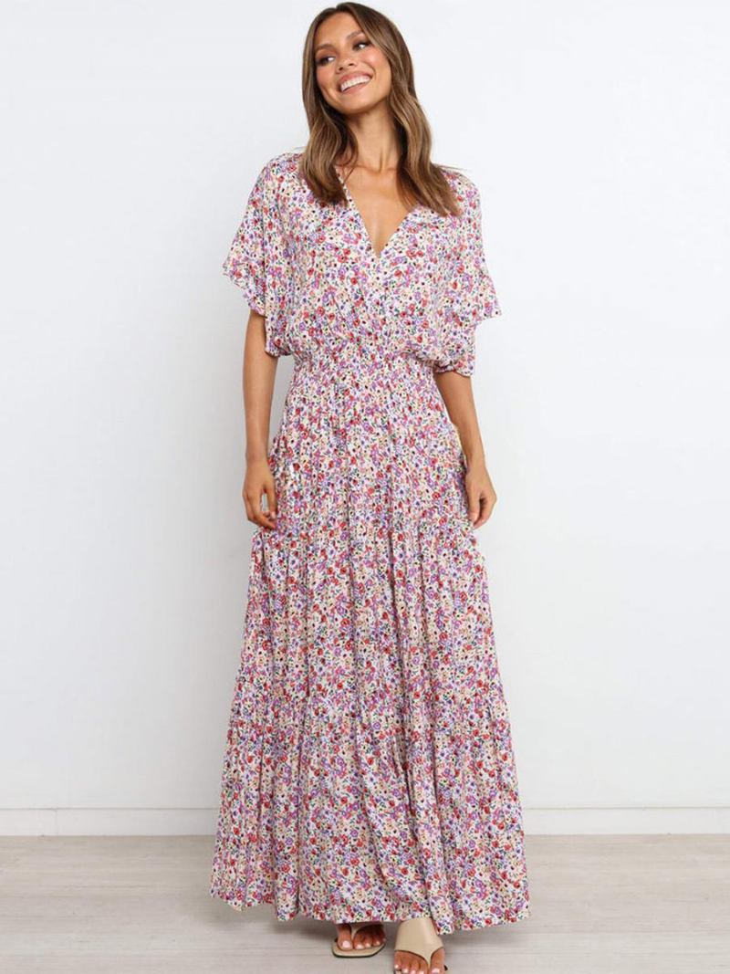 Vestido Floral Feminino Maxi Vestidos Estampa Manga Curta Decote Em V Casual Elástico Sem Costura Aberta Longo Outono