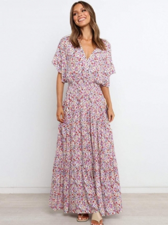 Vestido Floral Feminino Maxi Vestidos Estampa Manga Curta Decote Em V Casual Elástico Sem Costura Aberta Longo Outono