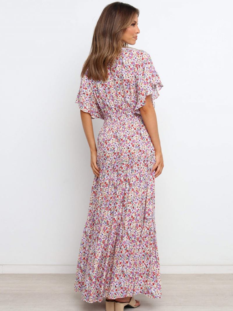 Vestido Floral Feminino Maxi Vestidos Estampa Manga Curta Decote Em V Casual Elástico Sem Costura Aberta Longo Outono - Branco