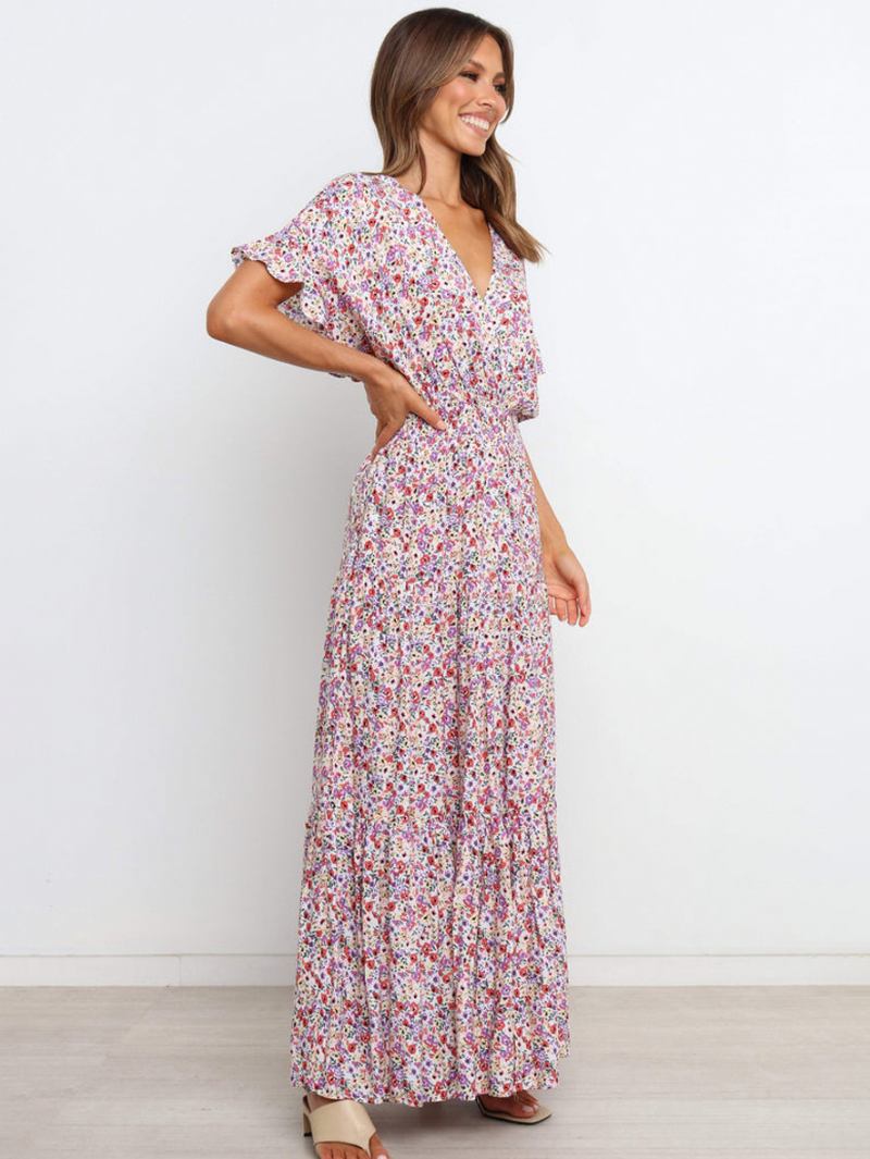 Vestido Floral Feminino Maxi Vestidos Estampa Manga Curta Decote Em V Casual Elástico Sem Costura Aberta Longo Outono - Branco