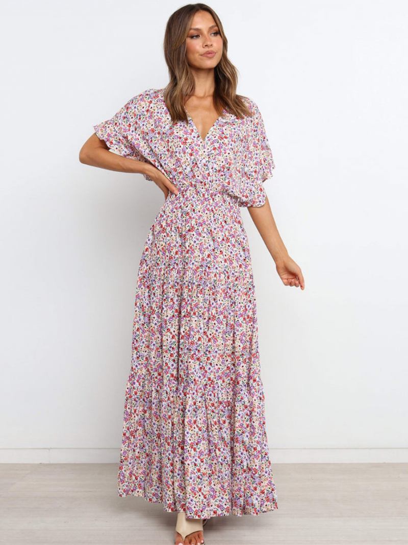 Vestido Floral Feminino Maxi Vestidos Estampa Manga Curta Decote Em V Casual Elástico Sem Costura Aberta Longo Outono - Branco