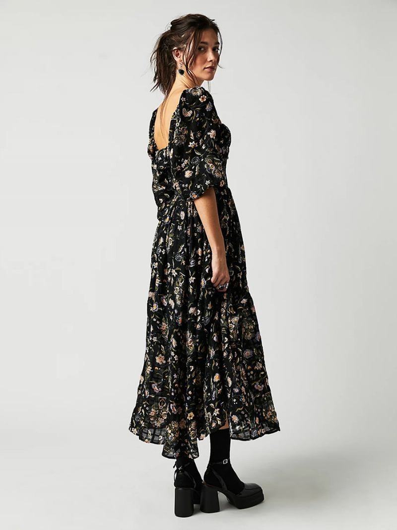 Vestido Floral Feminino Maxi Vestidos Estampa Meia Manga Gola Quadrada Chique Babados Elásticos Sem Costura Aberta Longo Verão - Preto