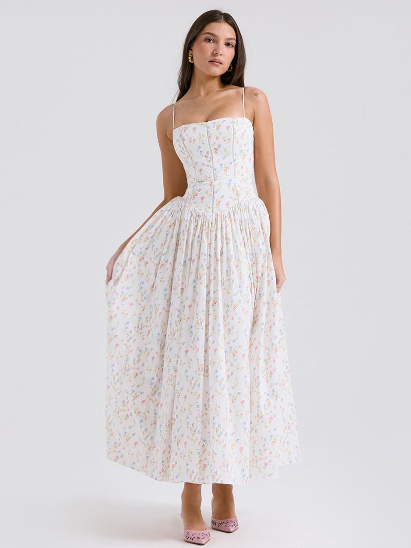 Vestido Floral Feminino Maxi Vestidos Estampa Sem Mangas Alças Pescoço Elegante Plissado Costura Aberta Longo Verão