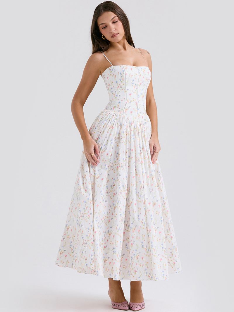 Vestido Floral Feminino Maxi Vestidos Estampa Sem Mangas Alças Pescoço Elegante Plissado Costura Aberta Longo Verão - Branco