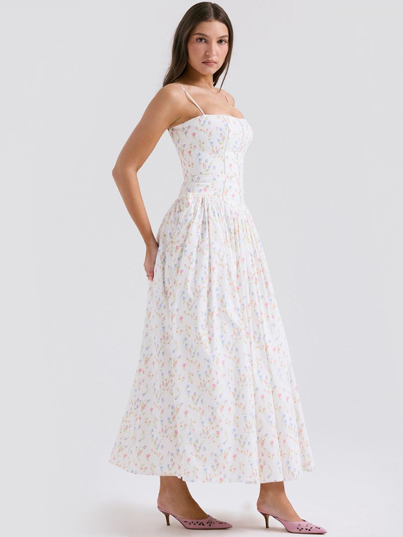 Vestido Floral Feminino Maxi Vestidos Estampa Sem Mangas Alças Pescoço Elegante Plissado Costura Aberta Longo Verão - Branco