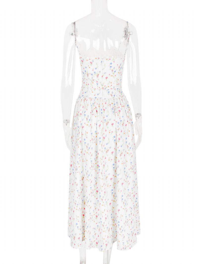 Vestido Floral Feminino Maxi Vestidos Estampa Sem Mangas Alças Pescoço Elegante Plissado Costura Aberta Longo Verão - Branco