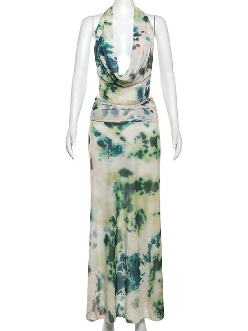 Vestido Floral Feminino Maxi Vestidos Estampa Sem Mangas Decote Em V Chique Plissado Costura Aberta Longo Outono - Verde