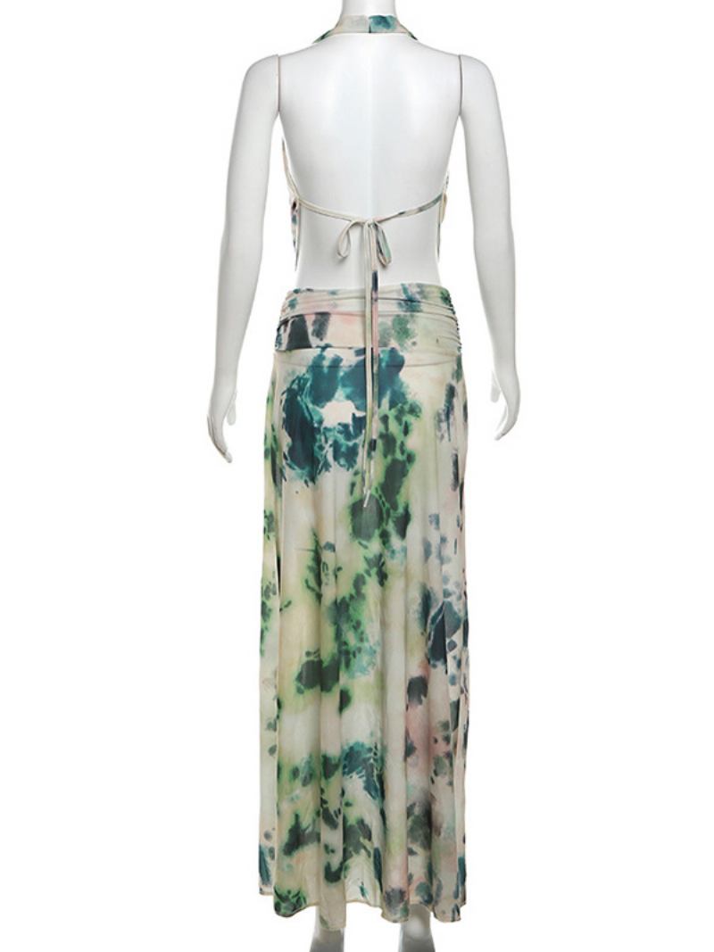 Vestido Floral Feminino Maxi Vestidos Estampa Sem Mangas Decote Em V Chique Plissado Costura Aberta Longo Outono - Verde